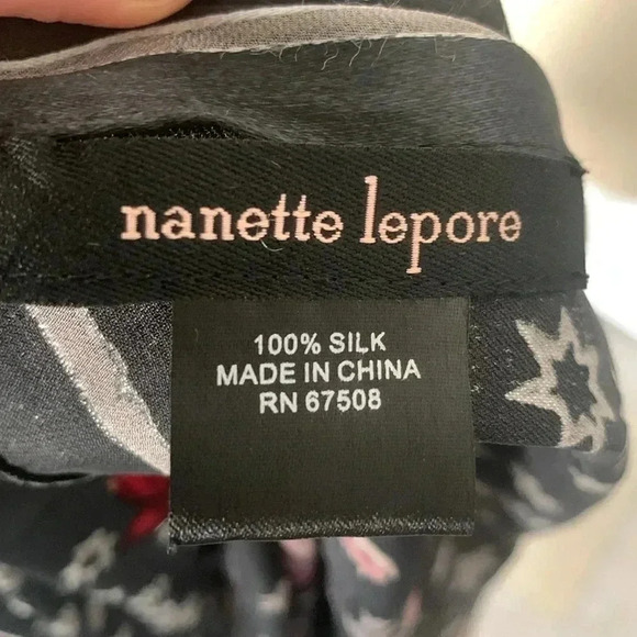 Nanette Lepore 100% silk scarf, dark gray with floral and bird print - Picture 6 of 8